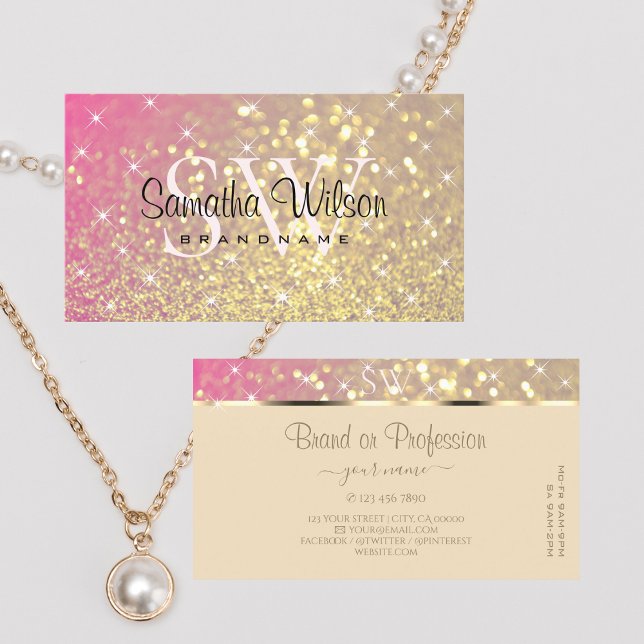 Luxurious Gold Pink Purple Glitter Stars Initials Business Card (Creator Uploaded)