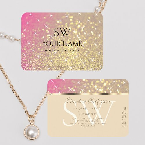 Luxurious Gold Pink Purple Glitter Stars Monogram Business Card