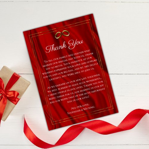 Luxurious Gold Rings Red Silk Wedding Thank You Enclosure Card