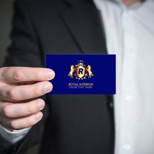 Luxurious Gold Royal Emblem  Initial on Blue Business Card