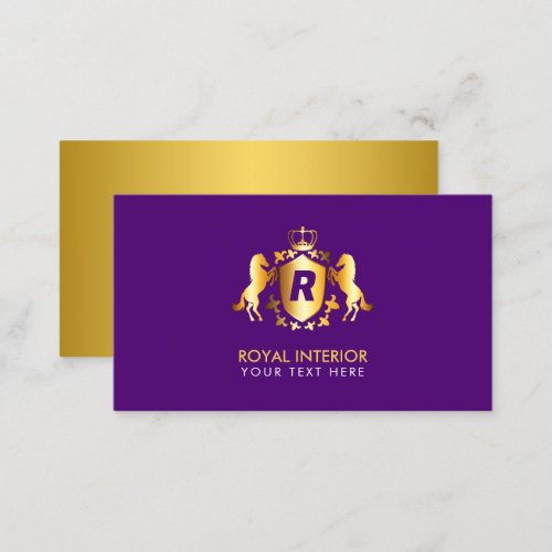 Luxurious Gold Royal Emblem  Initial on Purple Business Card