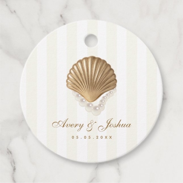 Luxurious Gold Seashell & Pearls Coastal Wedding Favor Tags (Front)