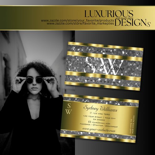 Luxurious Gold Silver Glitter Stars Monogram Noble Business Card