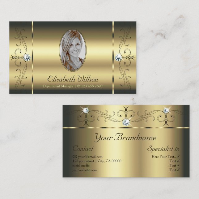 Luxurious Gold Squiggled Jewels Add Foto Glamorous Business Card (Front/Back)