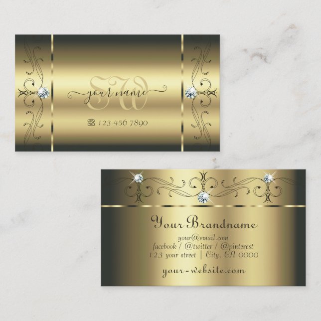 Luxurious Gold Squiggled Jewels Monogram Glamorous Business Card (Front/Back)
