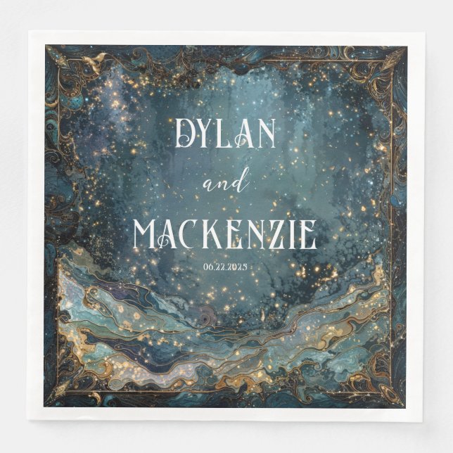 Luxurious Gold Teal Nebula Celestial Wave Abstract Paper Dinner Napkins (Front)