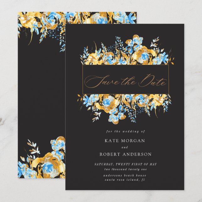 luxurious gold turquoise floral save the date card (Front/Back)