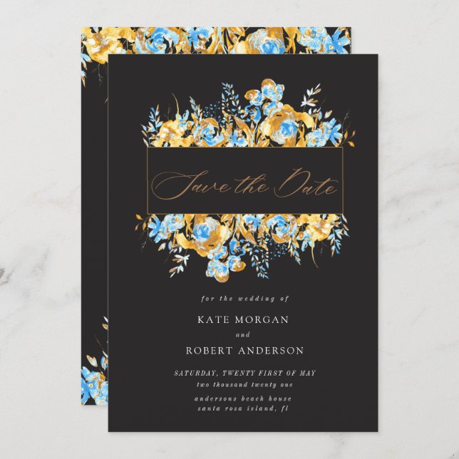 luxurious gold turquoise floral save the date card (Front/Back)