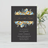 luxurious gold turquoise floral save the date card (Standing Front)
