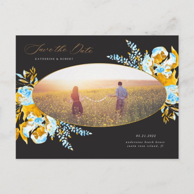 luxurious gold turquoise floral save the date post postcard (Front)