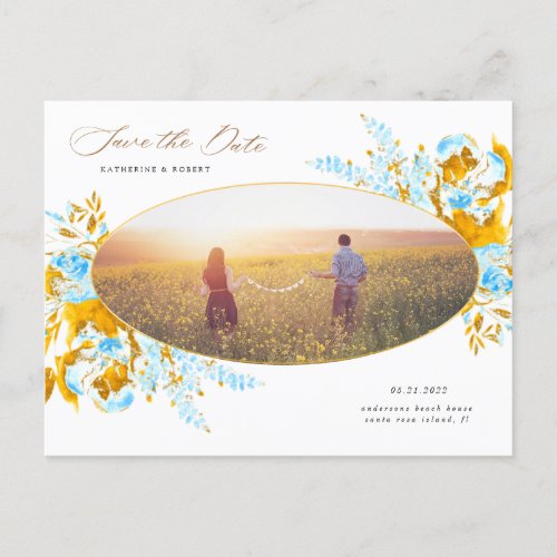 luxurious gold turquoise floral save the date post postcard