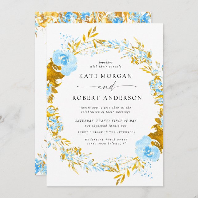 luxurious gold turquoise floral wedding invitation (Front/Back)
