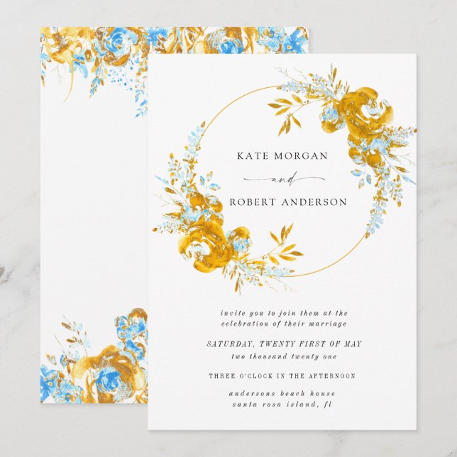 luxurious gold turquoise floral wedding invitation (Front/Back)