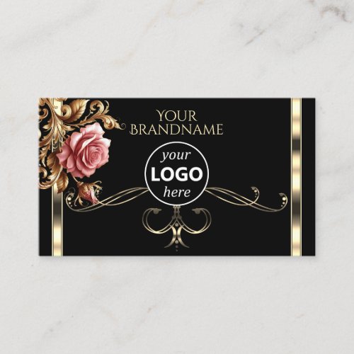 Luxurious Gold Vintage Rose Black Logo Template Business Card