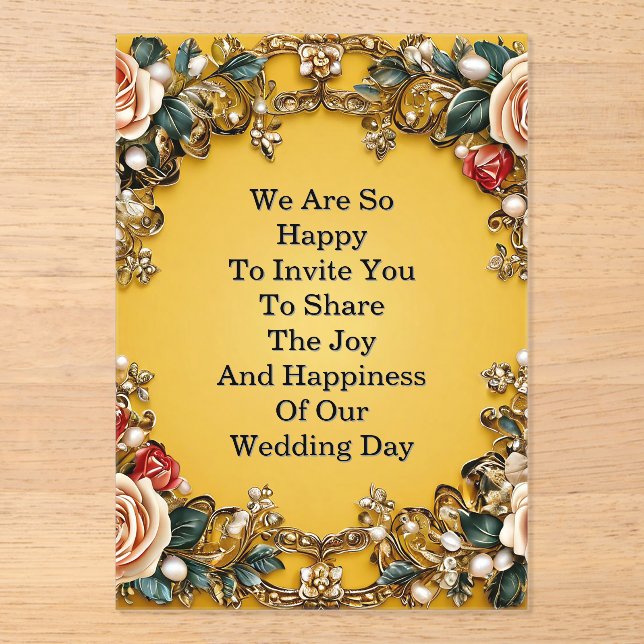 Luxurious Gold Wedding Floral Frame With Roses Acrylic Invitations (Front)