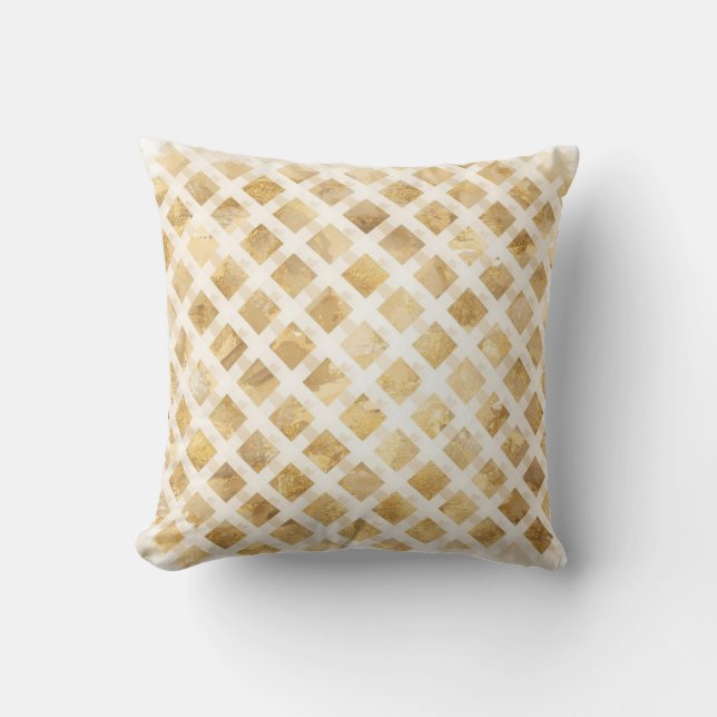 Luxurious, Gold White Lattice Pattern, Crisscross Throw Pillow (Front)