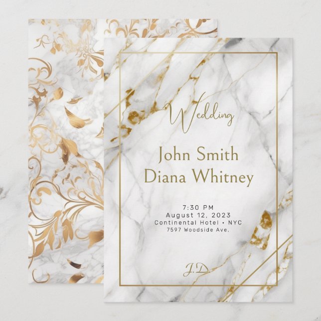 Luxurious Gold & White Marble Wedding Invitation (Front/Back)