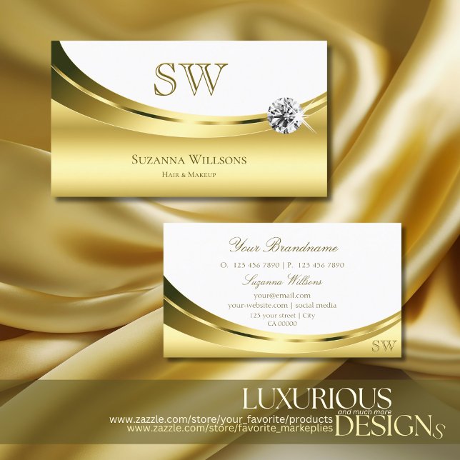 Luxurious Gold White with Monogram Sparkle Diamond Business Card (Creator Uploaded)