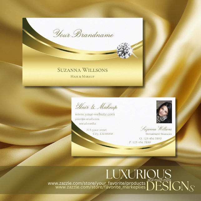 Luxurious Gold White with Photo and Luxe Diamond Business Card (Creator Uploaded)