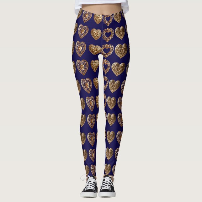 Luxurious Golden Baroque Hearts Pattern on Navy Bl Leggings (Front)