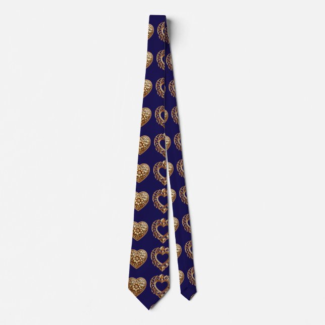 Luxurious Golden Baroque Hearts Pattern on Navy Bl Neck Tie (Front)
