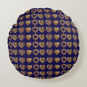 Luxurious Golden Baroque Hearts Pattern on Navy Bl Round Pillow