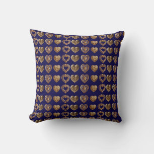 Luxurious Golden Baroque Hearts Pattern on Navy Bl Throw Pillow