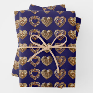 Luxurious Golden Baroque Hearts Pattern on Navy Bl Wrapping Paper Sheets