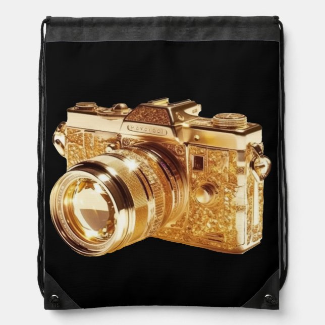 Luxurious Golden Camera Drawstring Bag (Front)