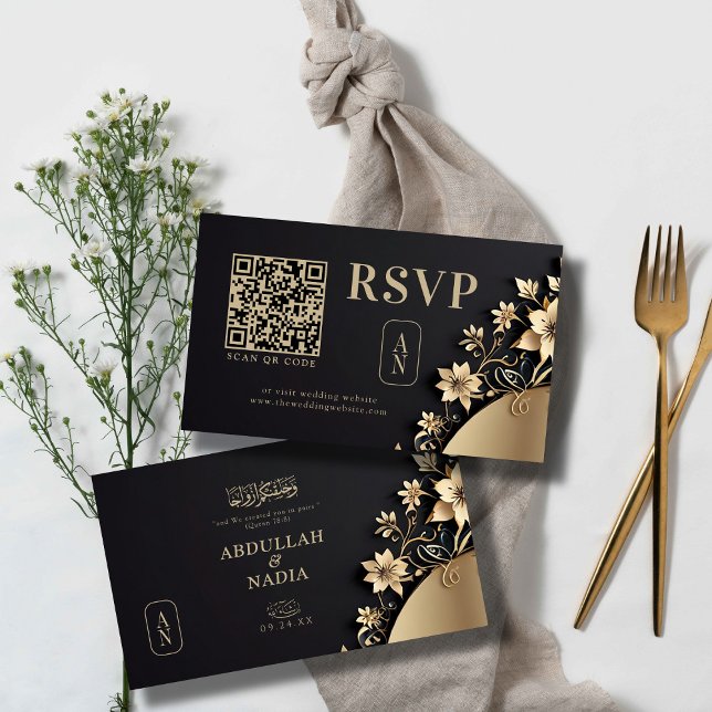 Luxurious Golden Floral Islamic Wedding QR Rsvp  Enclosure Card (Creator Uploaded)