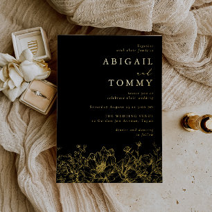 Luxurious Golden Floral Modern Black Wedding Gold Foil Invitation