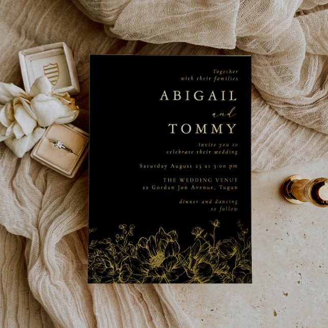 Luxurious Golden Floral Modern Black Wedding Gold Foil Invitation (Creator Uploaded)