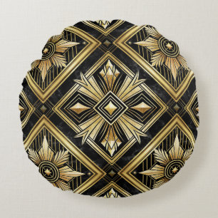 Luxurious Golden Geometric 1920's Dimond Art Deco Round Pillow