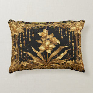 Luxurious Golden Orchid Floral Artwork Accent Pillow