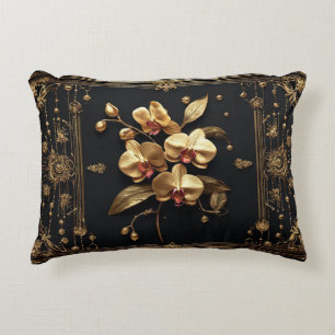Luxurious Golden Orchid Floral Artwork Accent Pillow