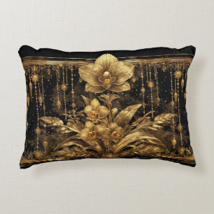Luxurious Golden Orchid Floral Artwork Accent Pillow