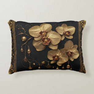 Luxurious Golden Orchid Floral Artwork Accent Pillow