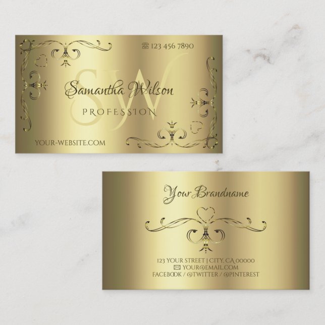 Luxurious Golden Ornate Corners with Initials Gold Business Card (Front/Back)