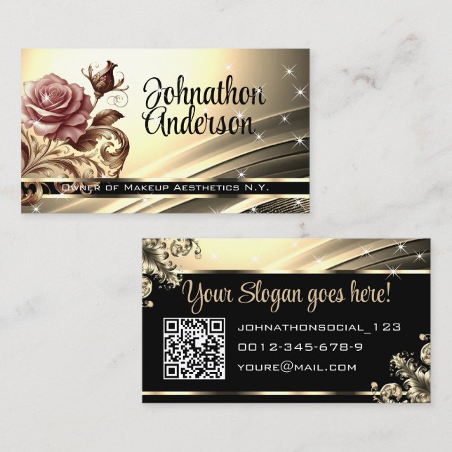 Luxurious Golden Pink Rose Glitter Stars QR Code Business Card (Front/Back)