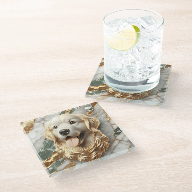Luxurious Golden Retriever Marble Artwork Glass Coaster (Angled)