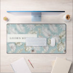 Luxurious Golden Tropic Greenery Monogram Desk Mat<br><div class="desc">Cream tropical illustrations on a light blue background with a customizable name in the corner.</div>