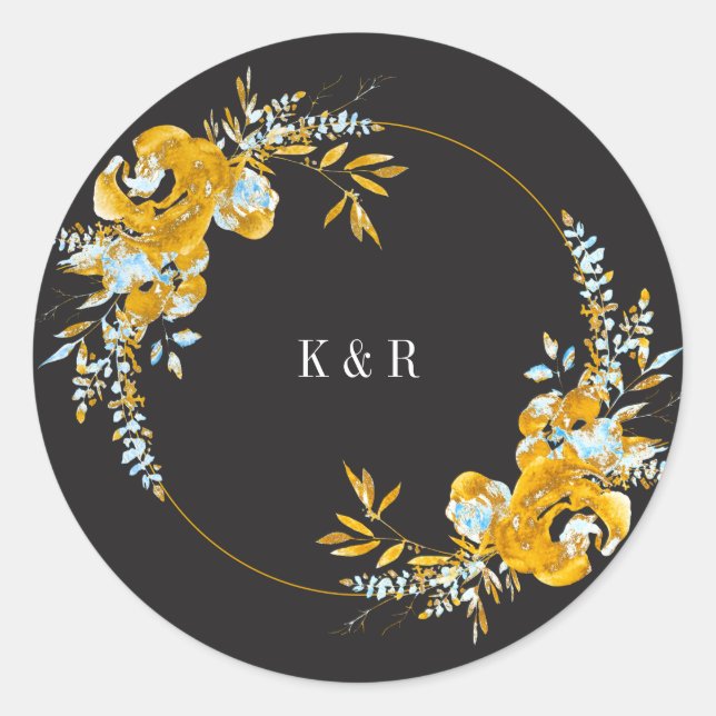 luxurious golden turquoise monogram wedding classic round sticker (Front)