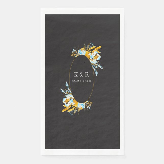 luxurious golden turquoise monogram wedding paper guest towels (Front)