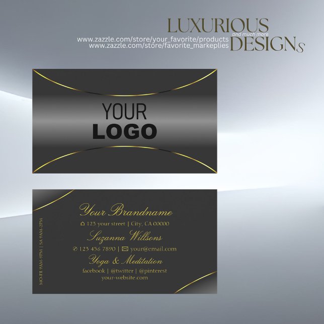 Luxurious Gray with Shimmery Gold Border and Logo Business Card (Creator Uploaded)