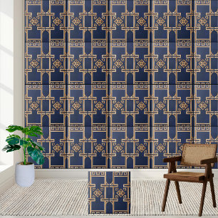 Luxurious Greek Key Pattern Tile in Navy and Gold