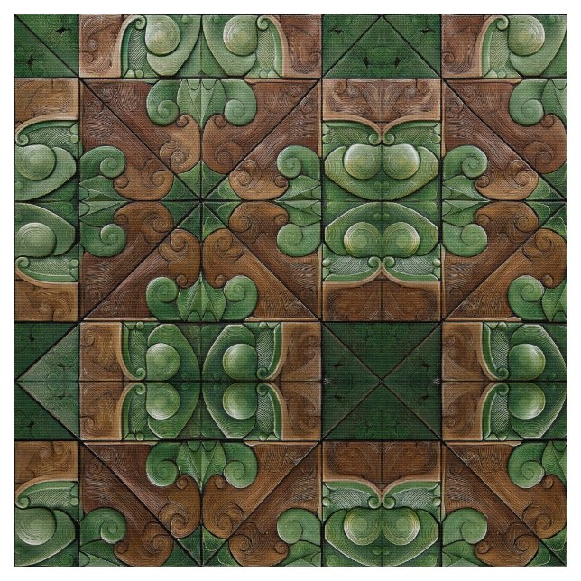 Luxurious Green and Brown Ornate Tile Fabric (Swatch)