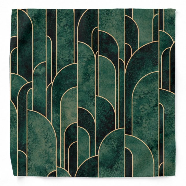 Luxurious Green and Gold Art Deco Pattern Bandana (Front)