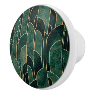 Luxurious Green and Gold Art Deco Pattern Ceramic Knob