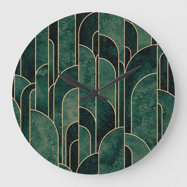 Luxurious Green and Gold Art Deco Pattern Large Clock (Front)