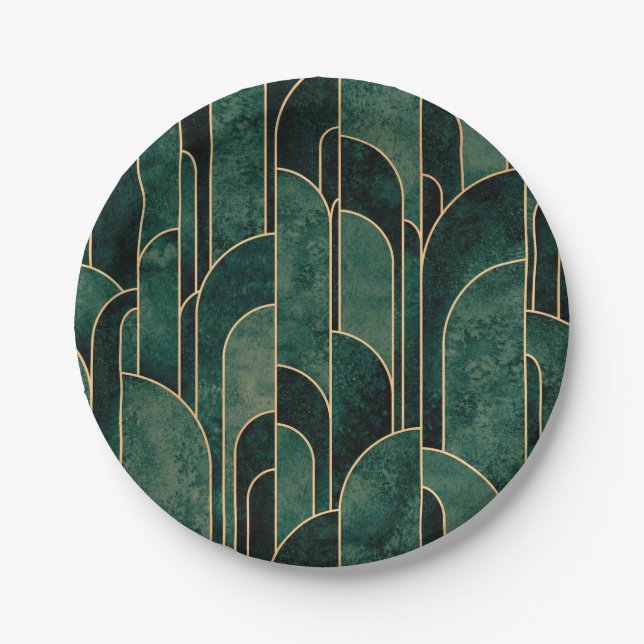 Luxurious Green and Gold Art Deco Pattern Paper Plates (Front)